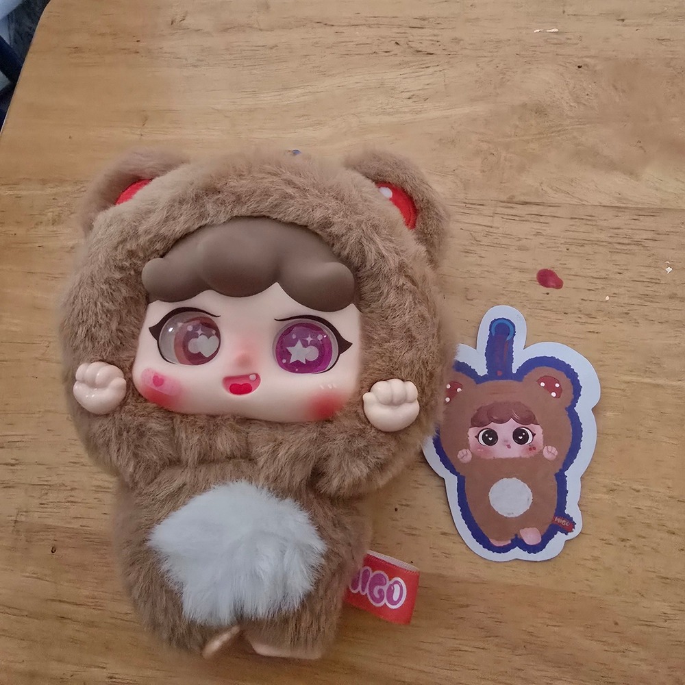 MIGO Happy Ghost Bear Plush Doll Keychain Brown Fuzzy Vinyl Face Toy Sticker
